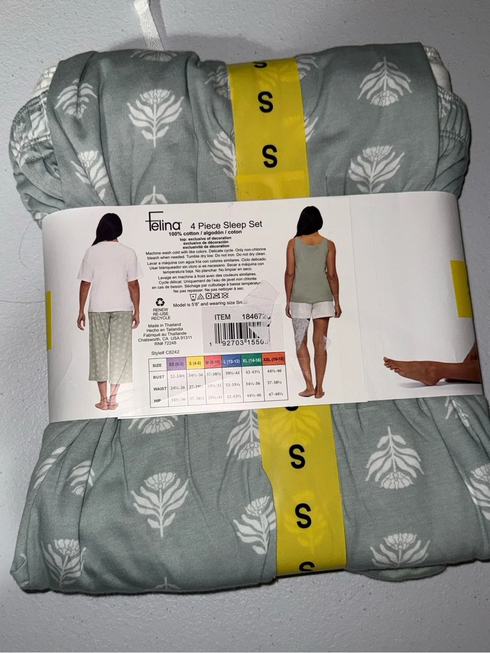 Felina 4 Piece Cotton Pajama Sleep Set Size Small Sage Green White NWT